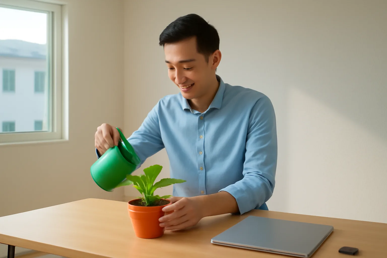 Nhà sáng lập trẻ ngồi một mình trong căn phòng thuê nhỏ còn trống, trên bàn có cặp hồ sơ và chậu cây