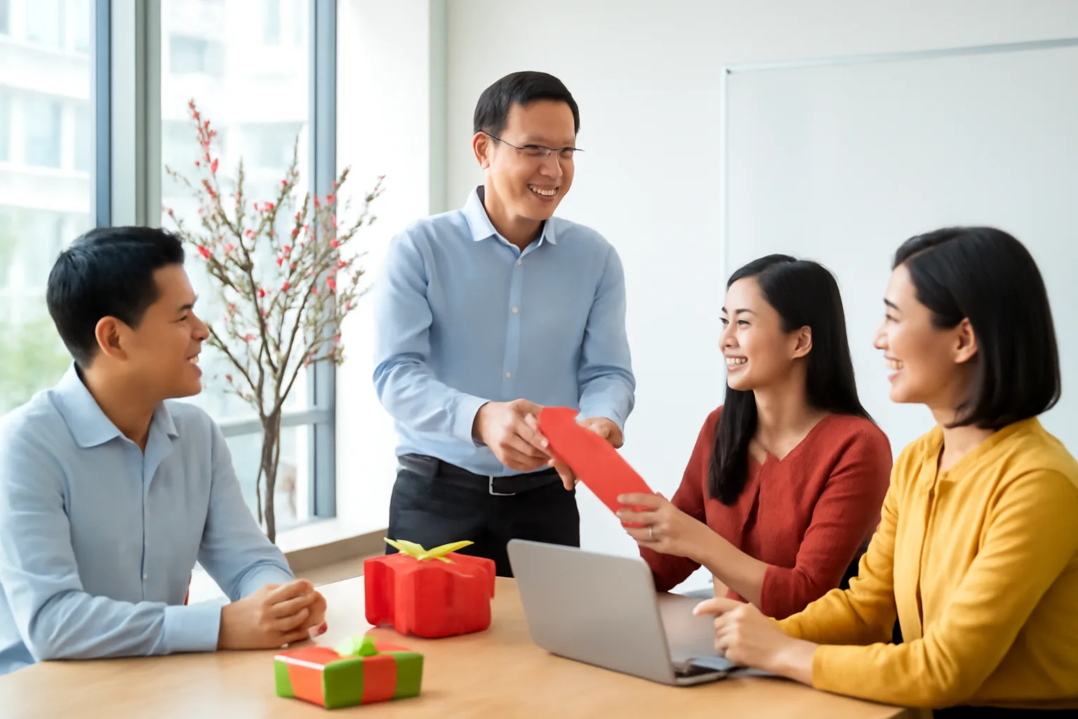 Nhóm nhân viên văn phòng quây quanh bàn có cành đào và hộp quà, quản lý trao phong bì