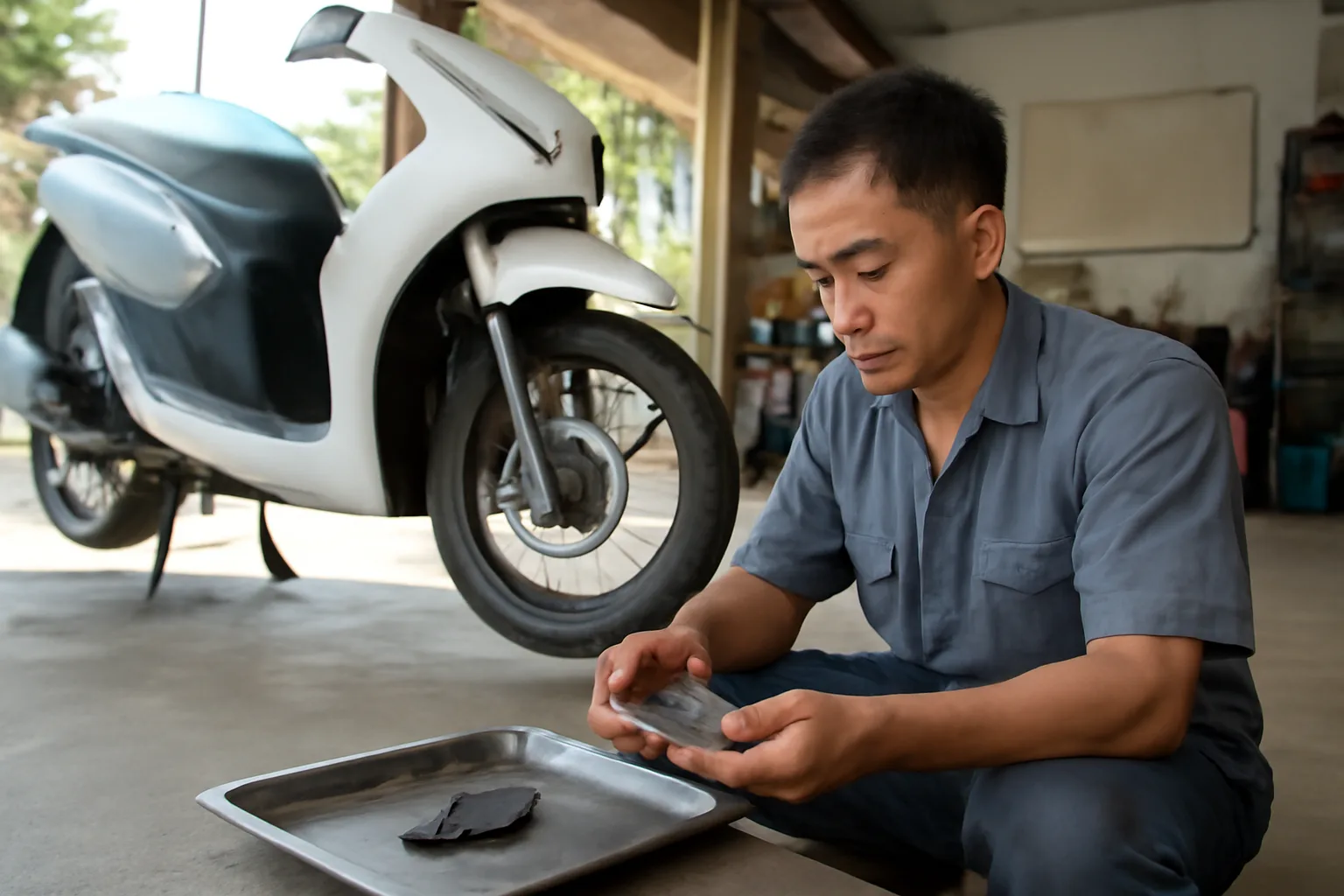 Thợ sửa xe máy đặt phụ tùng mới lên khay cạnh chiếc xe đang dựng trong tiệm