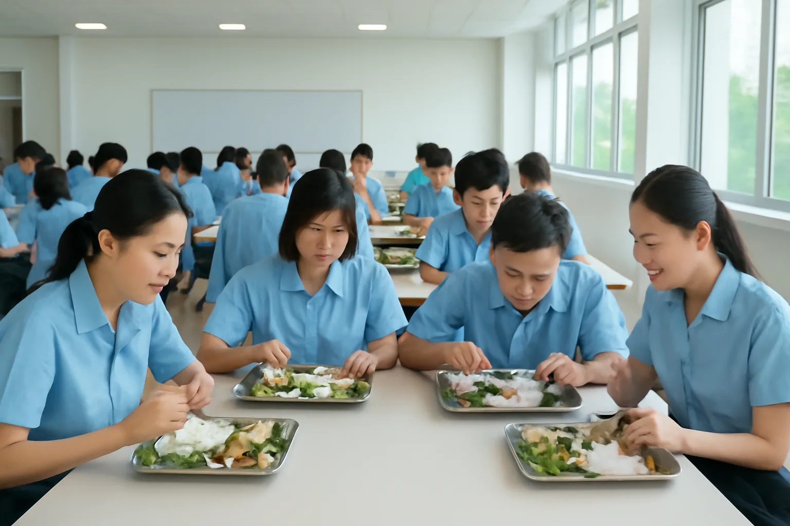 Nhân viên mặc đồng phục ăn trưa bằng khay cơm tại căng tin công ty