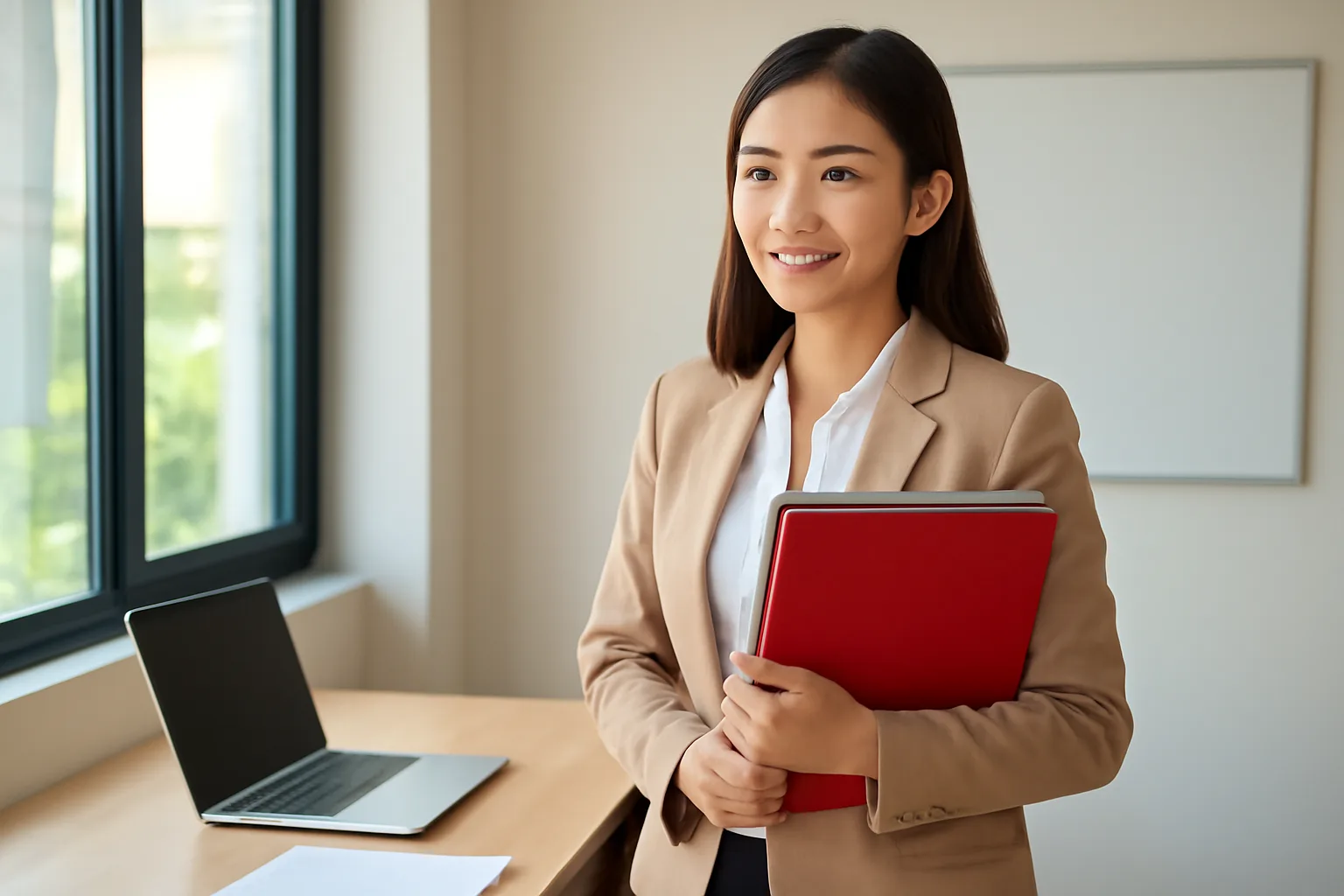 Nữ kế toán cầm hai tập hồ sơ màu khác nhau, cân nhắc bên bàn làm việc gần cửa sổ