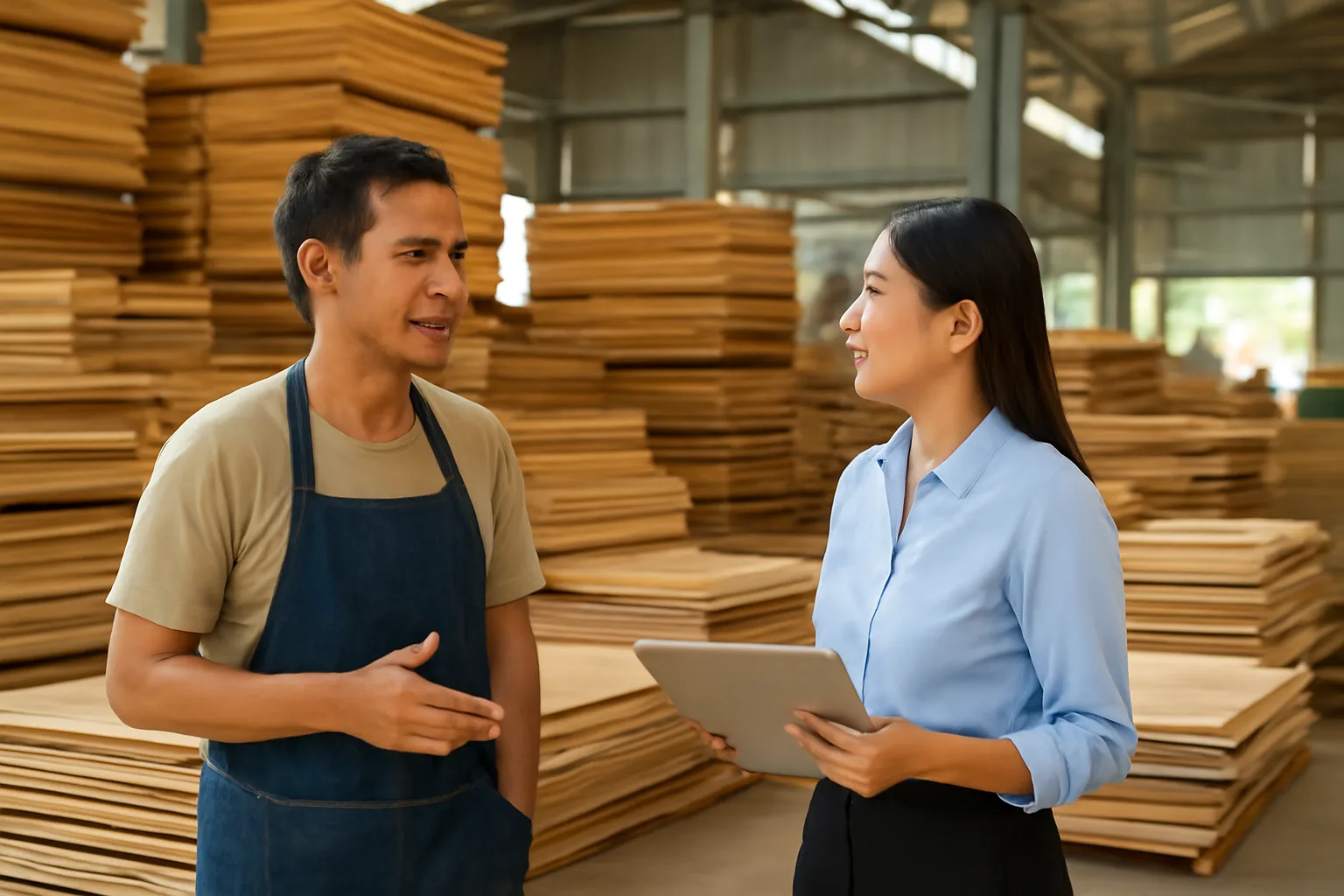 Chủ xưởng đứng giữa kho đầy nguyên liệu, trao đổi với nữ kế toán cầm máy tính bảng úp
