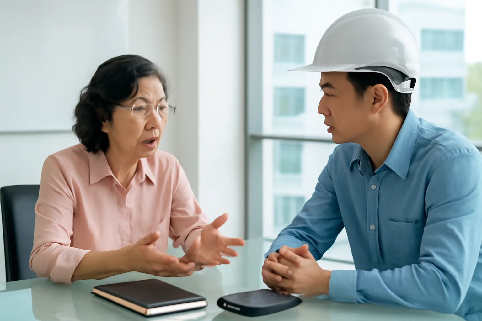 Kế toán trưởng giải thích cho chuyên gia nước ngoài bằng cách chỉ vào sổ tay trên bàn