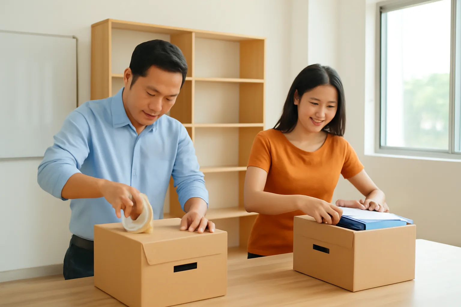Hai người đóng gói hồ sơ lưu trữ vào thùng carton trong văn phòng đã dọn gần hết đồ