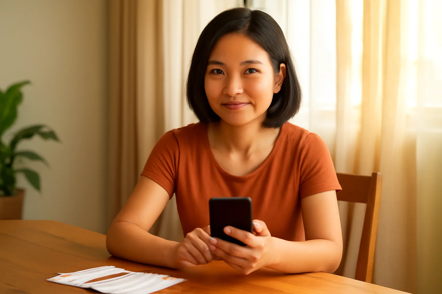Người phụ nữ ngồi ở bàn ăn trong nhà, cầm điện thoại và xấp chứng từ để làm thủ tục