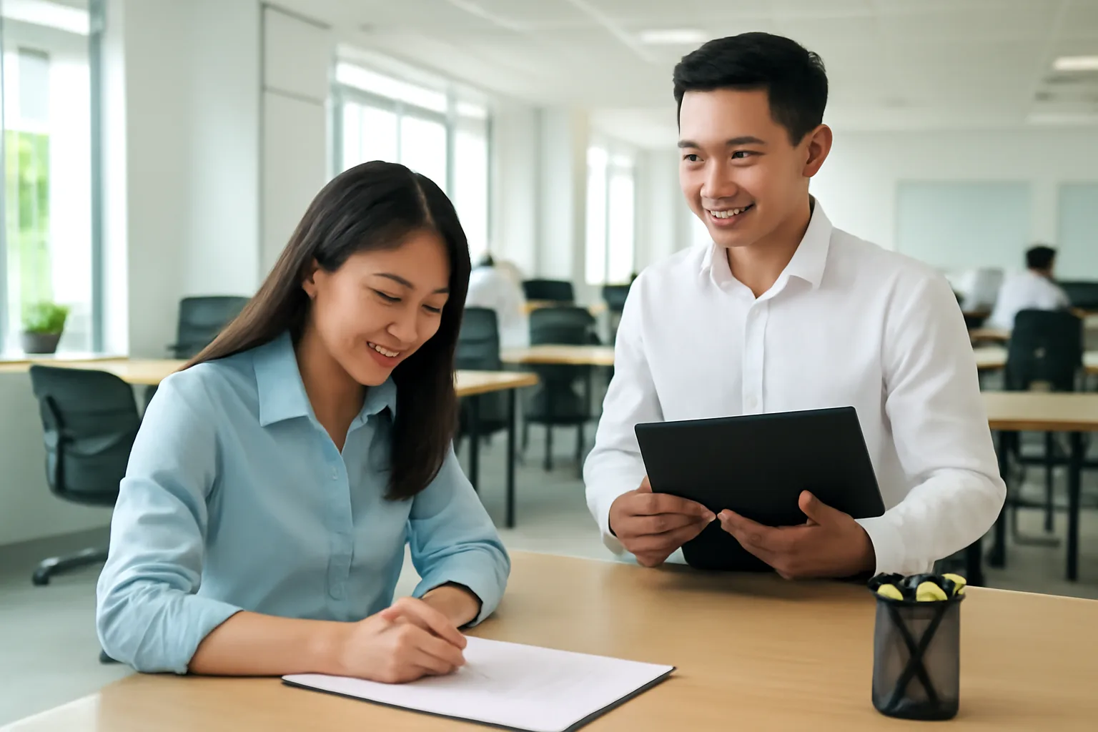Nhân viên văn phòng ký giấy tờ tại bàn bộ phận nhân sự vào đầu năm