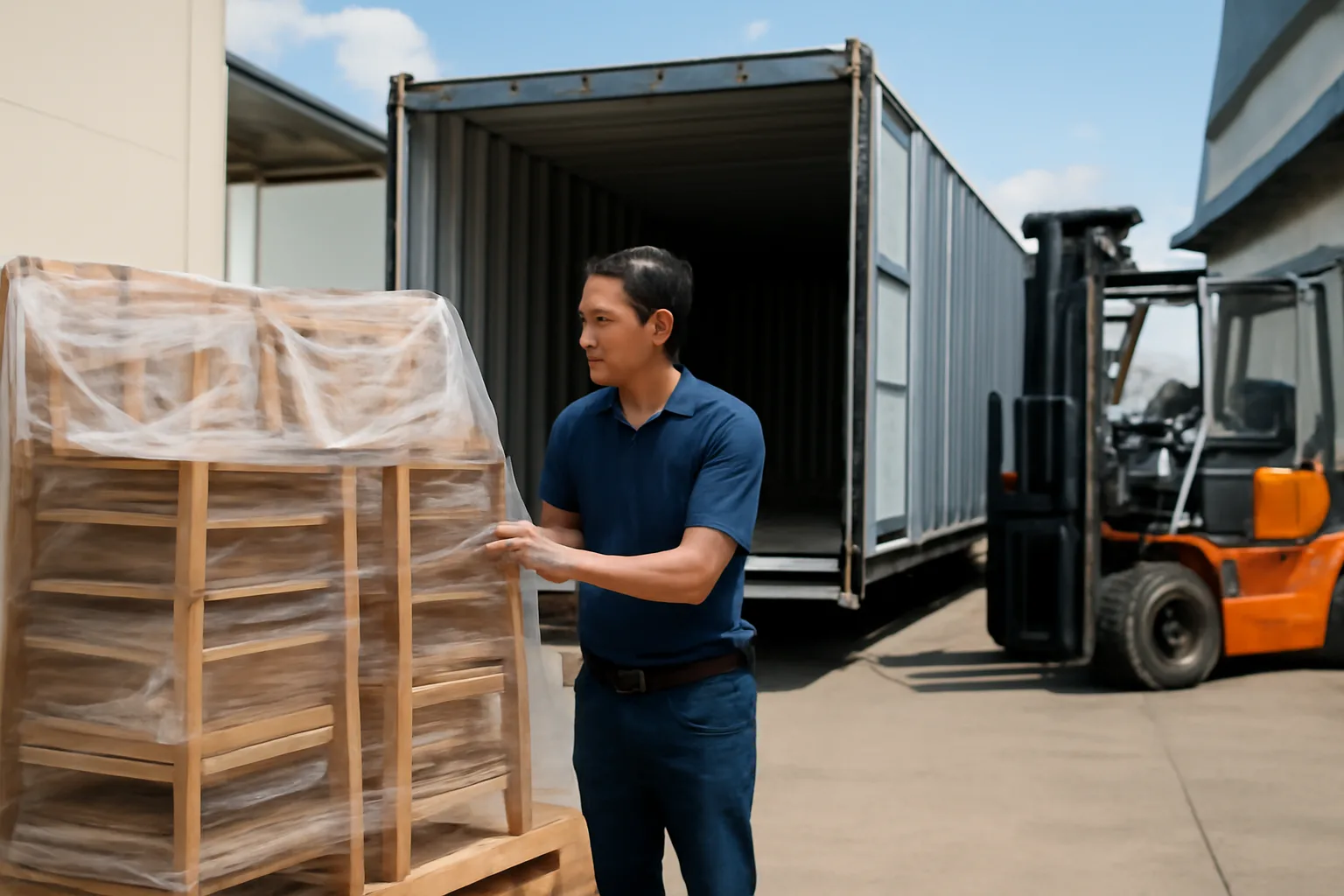 Chủ xưởng đồ gỗ kiểm tra lô bàn ghế đã đóng kiện trước khi đưa lên xe container