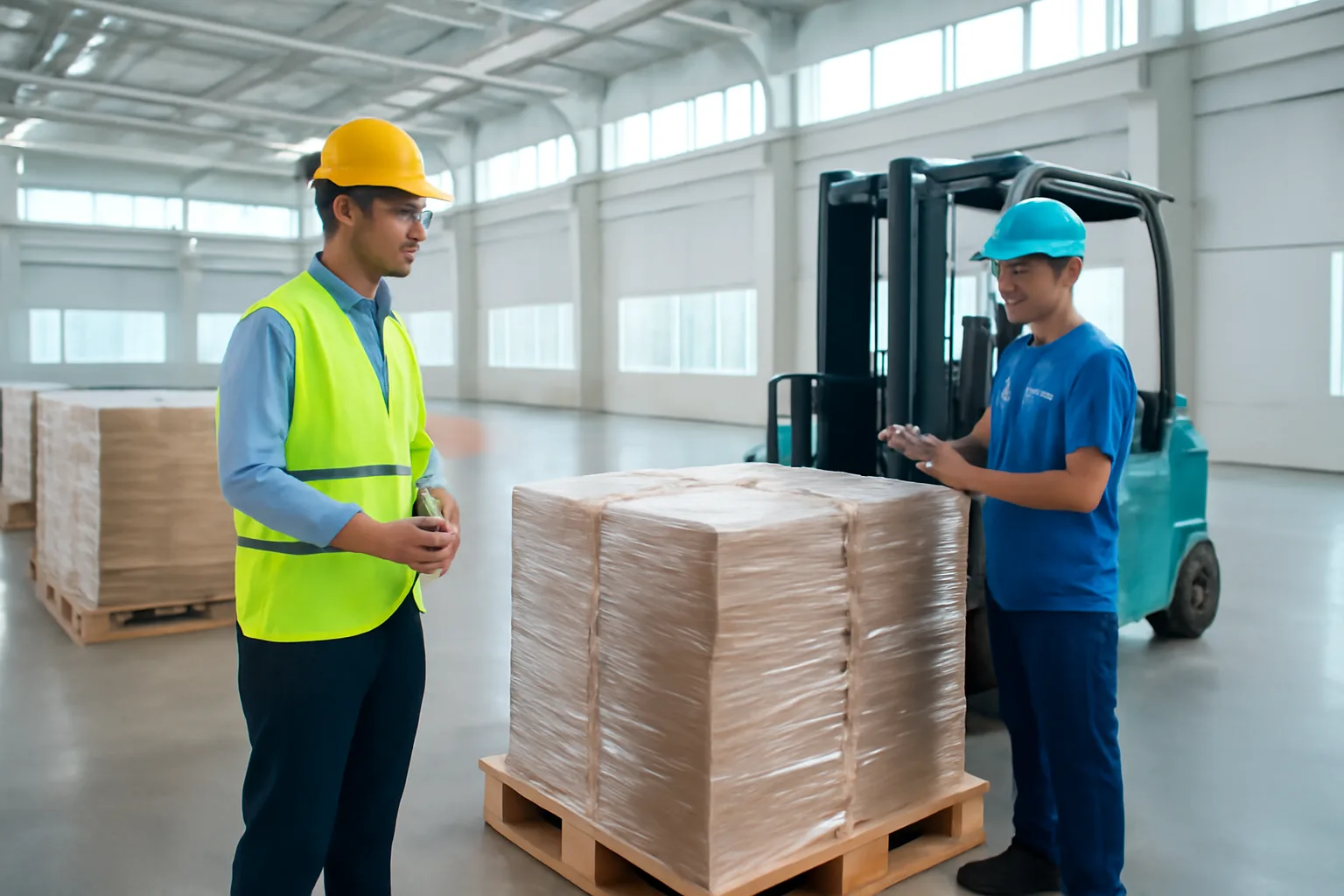 Công nhân và quản lý xưởng kiểm đếm pallet hàng trong nhà xưởng mới ở khu công nghiệp