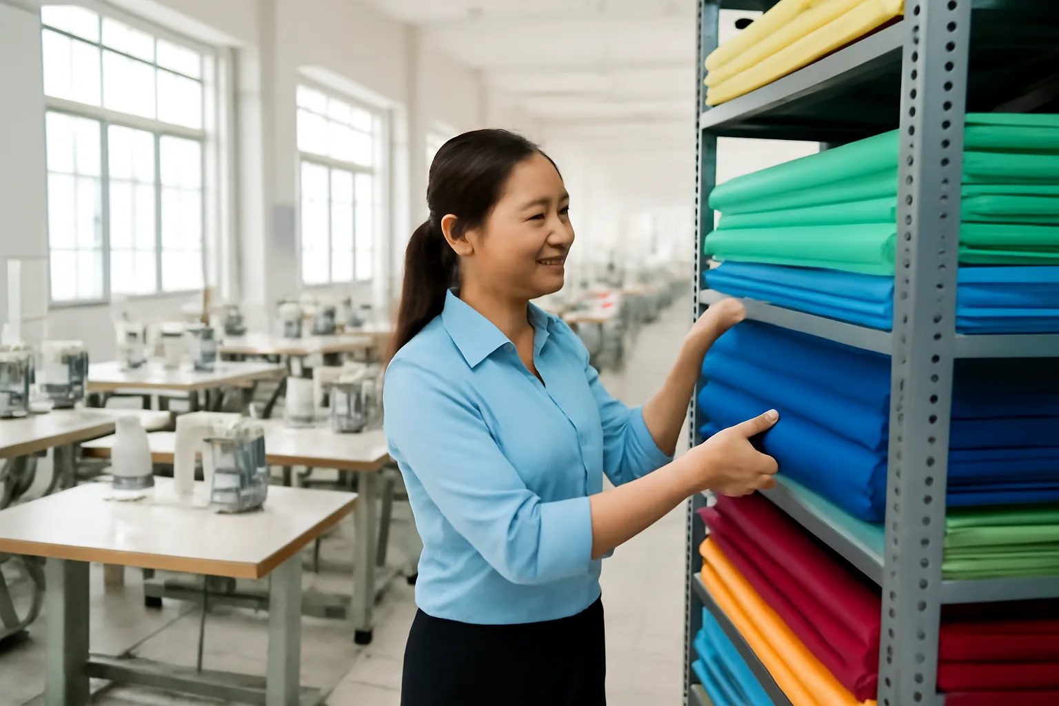 Quản lý xưởng may xếp các cuộn vải lên kệ, phía sau là dãy máy may đang nghỉ